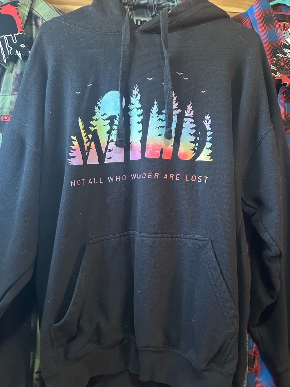 Black 'WILD' Graphic Hoodie with Rainbow Forest Print
